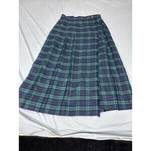 Vintage Pure New Wool Women’s MAXI Pleated Wrap Skirt – Blue & Green Tartan USA